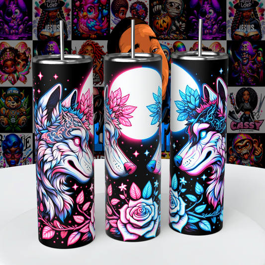 Lunar Canines sublimation 20oz skinny straight tumblers, and 20oz tapered Tumbler Wrap